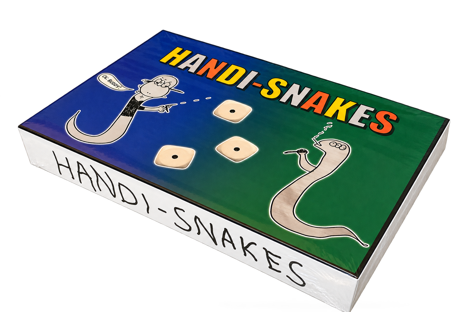 The original blue and green Handi-Snakes board game box